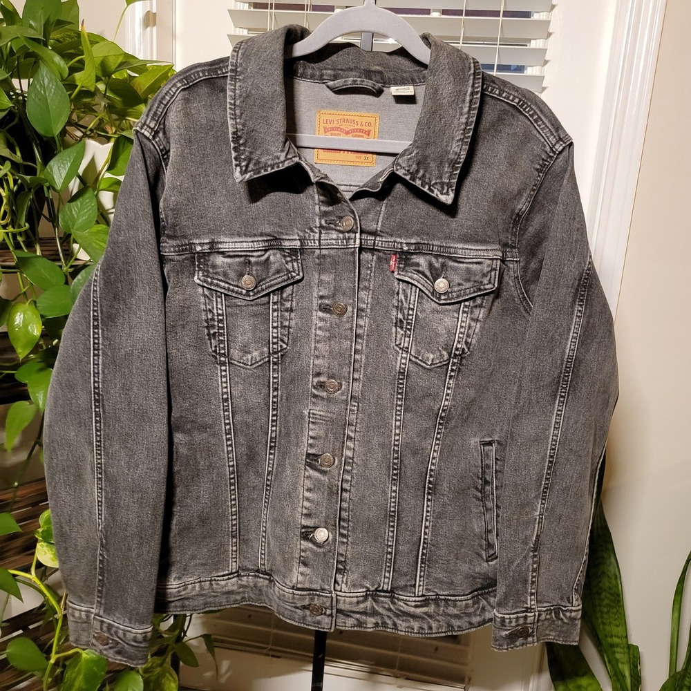 Levis Womens 3X Original Trucker Jacket Washed Black Denim Plus Size Stretch
